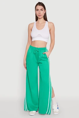 Womens Pintuck Varsity Stripe Side Slit Pants, Green, Size S