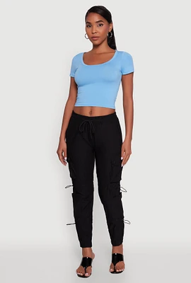 Womens Stylish Cargo Pocket Toggle Drawstring Joggers, Black, Size M