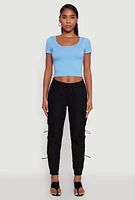Womens Stylish Cargo Pocket Toggle Drawstring Joggers, Black, Size M