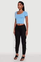 Womens Stylish Cargo Pocket Toggle Drawstring Joggers, Black, Size M