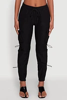 Womens Stylish Cargo Pocket Toggle Drawstring Joggers, Black, Size M