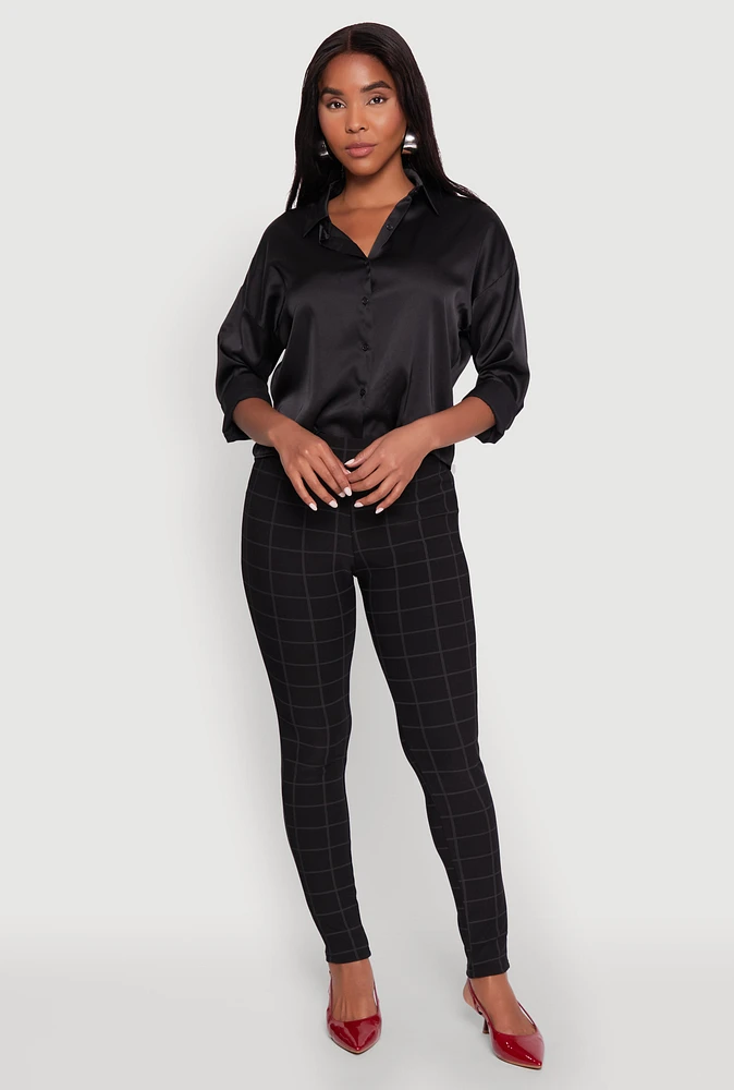 Womens Body Contour Windowpane Plaid Pants, Black, Size L