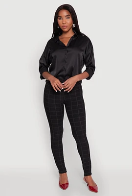 Womens Body Contour Windowpane Plaid Pants, Black, Size L