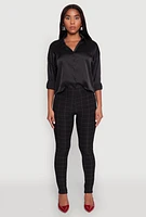 Womens Body Contour Windowpane Plaid Pants, Black, Size L