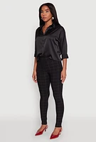Womens Body Contour Windowpane Plaid Pants, Black, Size L