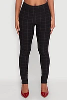 Womens Body Contour Windowpane Plaid Pants, Black, Size L