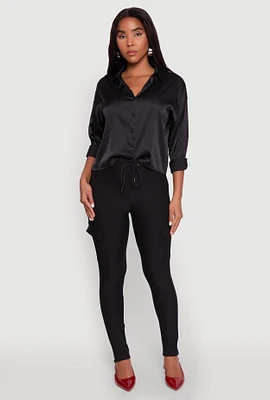 Womens Body Contour Drawstring Cargo Pants, Black,
