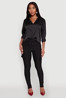 Womens Body Contour Drawstring Cargo Pants, Black,
