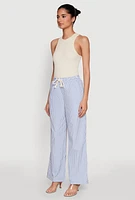Womens Casual Striped Drawstring Waist Wide Leg Pants,