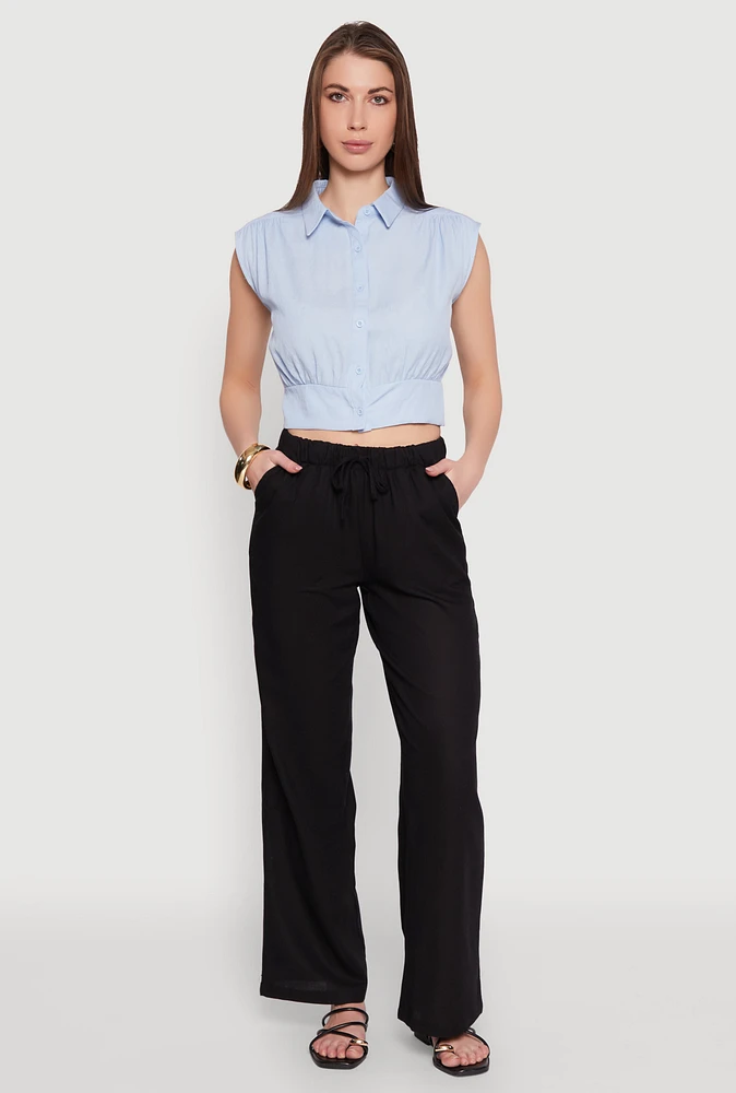 Womens Linen Drawstring Waist Pants, Black,