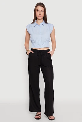Womens Linen Drawstring Waist Pants, Black,