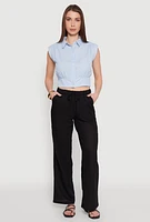 Womens Linen Drawstring Waist Pants, Black,