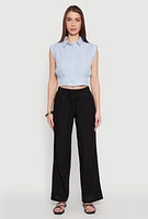 Womens Linen Drawstring Waist Pants, Black,