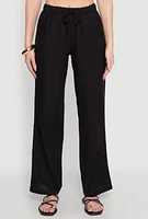 Womens Linen Drawstring Waist Pants, Black,