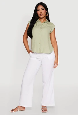 Womens Linen Drawstring Waist Pants, White, Size L