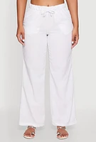 Womens Linen Drawstring Waist Pants, White, Size L