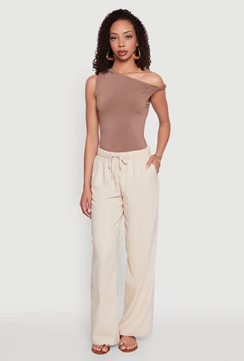 Womens Linen Drawstring Waist Pants, Khaki,