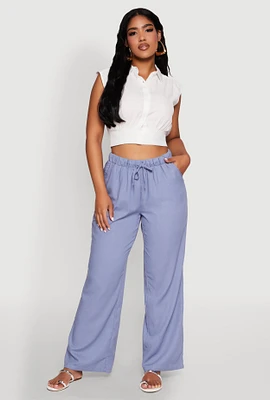 Womens Linen Drawstring Waist Pants, Blue, Size S