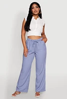 Womens Linen Drawstring Waist Pants, Blue, Size S