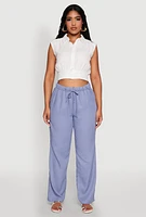 Womens Linen Drawstring Waist Pants, Blue, Size S