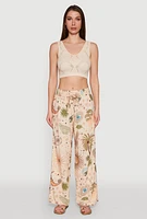 Womens Patterned Faux Drawstring Smocked Waist Palazzo Pants, Multi, Size S