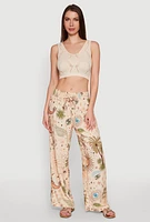 Womens Patterned Faux Drawstring Smocked Waist Palazzo Pants, Multi, Size S