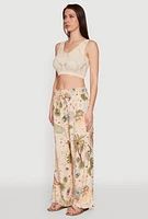 Womens Patterned Faux Drawstring Smocked Waist Palazzo Pants, Multi, Size S