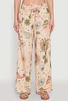 Womens Patterned Faux Drawstring Smocked Waist Palazzo Pants, Multi, Size S