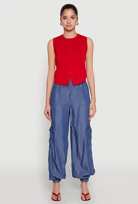 Womens Chambray High Waisted Cargo Joggers, Blue, Size M