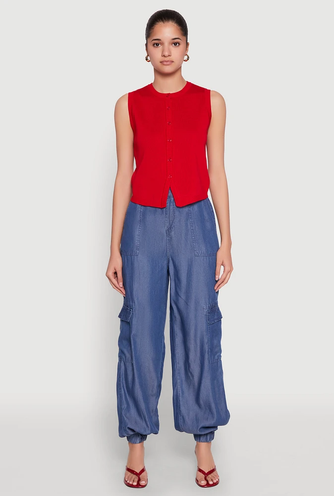 Womens Chambray High Waisted Cargo Joggers, Blue,
