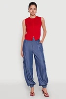 Womens Chambray High Waisted Cargo Joggers, Blue,