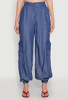 Womens Chambray High Waisted Cargo Joggers, Blue,