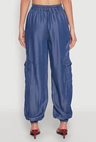 Womens Chambray High Waisted Cargo Joggers, Blue,