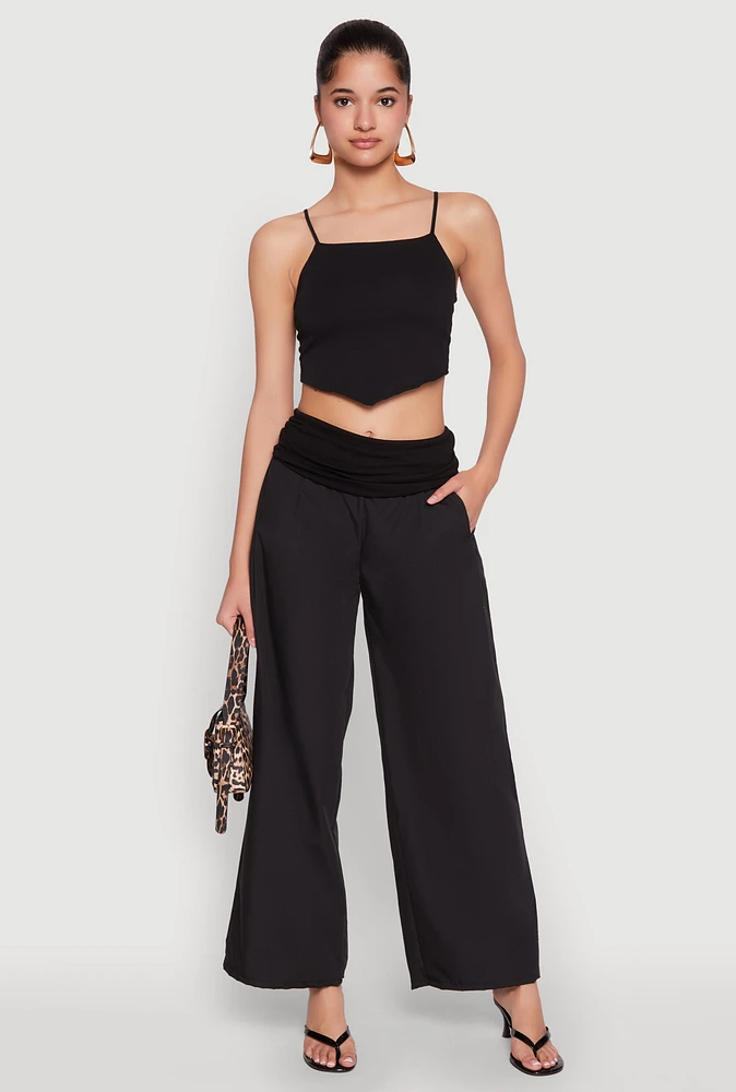 Womens Fold Over Wide Leg Pants, Black, Size M