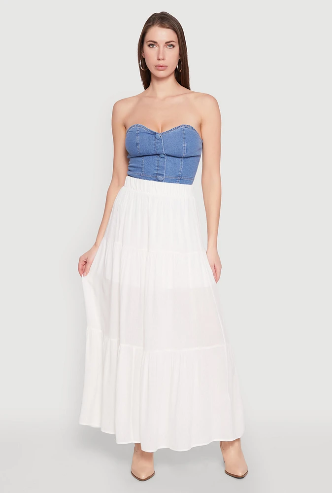 Womens High Waist Tiered Maxi Skirt, White, Size S