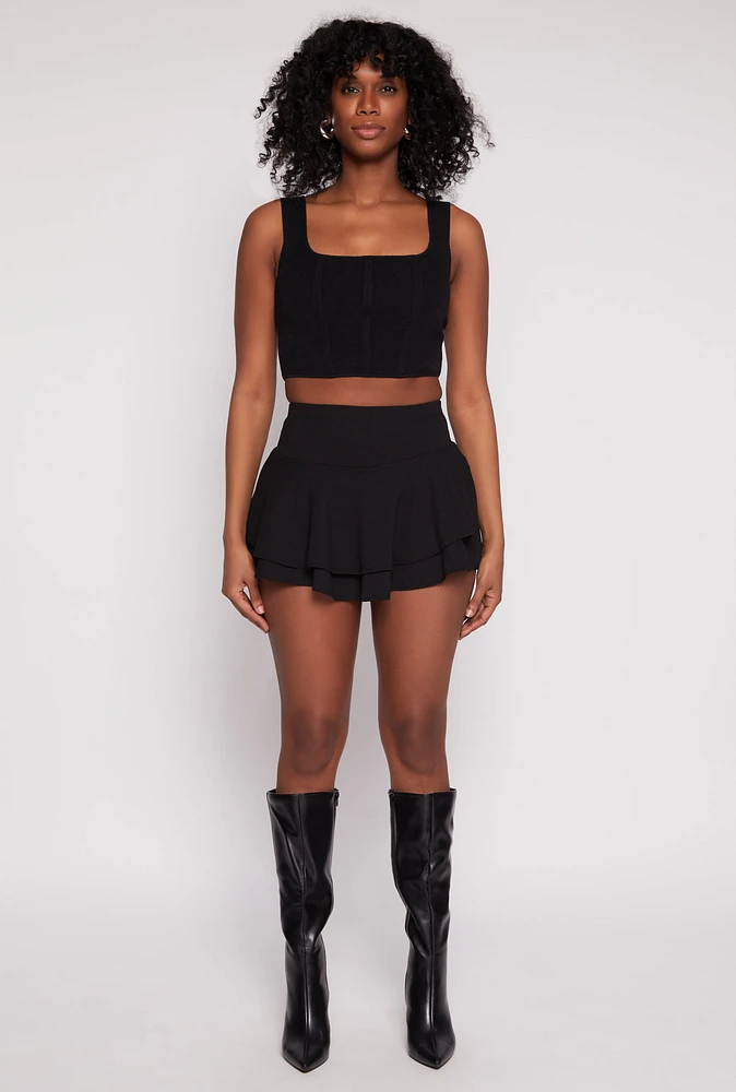 Womens High Waisted Tiered Skort, Black, Size L