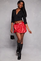 Womens Faux Leather Balloon Mini Skirt, Red, Size M