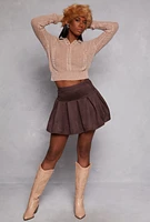 Womens Faux Suede Pleated Skirt, Brown, Size M