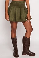 Womens Faux Suede Pleated Skirt, Green,