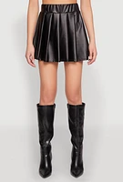 Womens High Waist Faux Leather Pleated Skirt, Black,