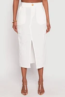 Womens Linen Cargo Midi Skirt, White, Size M