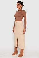 Womens Linen Cargo Midi Skirt, Khaki, Size XL