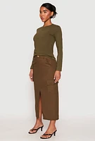 Womens Linen Cargo Midi Skirt, Green, Size S