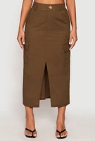 Womens Linen Cargo Midi Skirt, Green, Size L