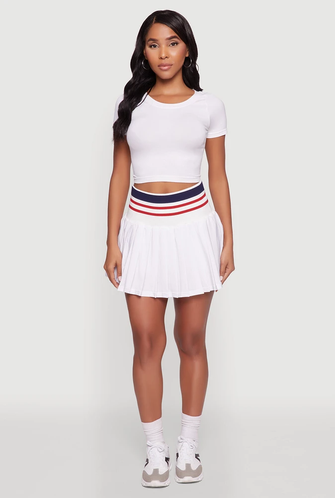 Womens Trendy High Waist Contrast Trim Pleated Mini Skirt, White, Size L