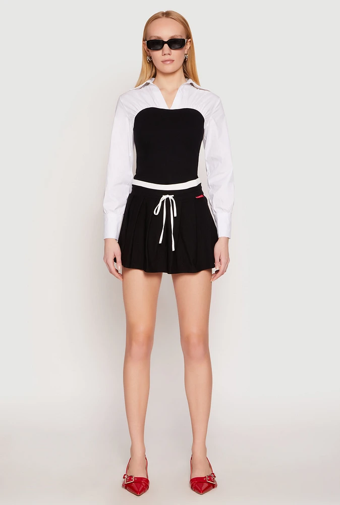 Womens Contrast Waistband Drawstring Pleated Skirt,