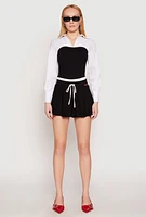 Womens Contrast Waistband Drawstring Pleated Skirt,