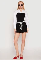 Womens Contrast Waistband Drawstring Pleated Skirt,