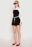 Womens Contrast Waistband Drawstring Pleated Skirt,