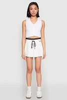 Womens Contrast Waistband Drawstring Pleated Skirt, White, Size M